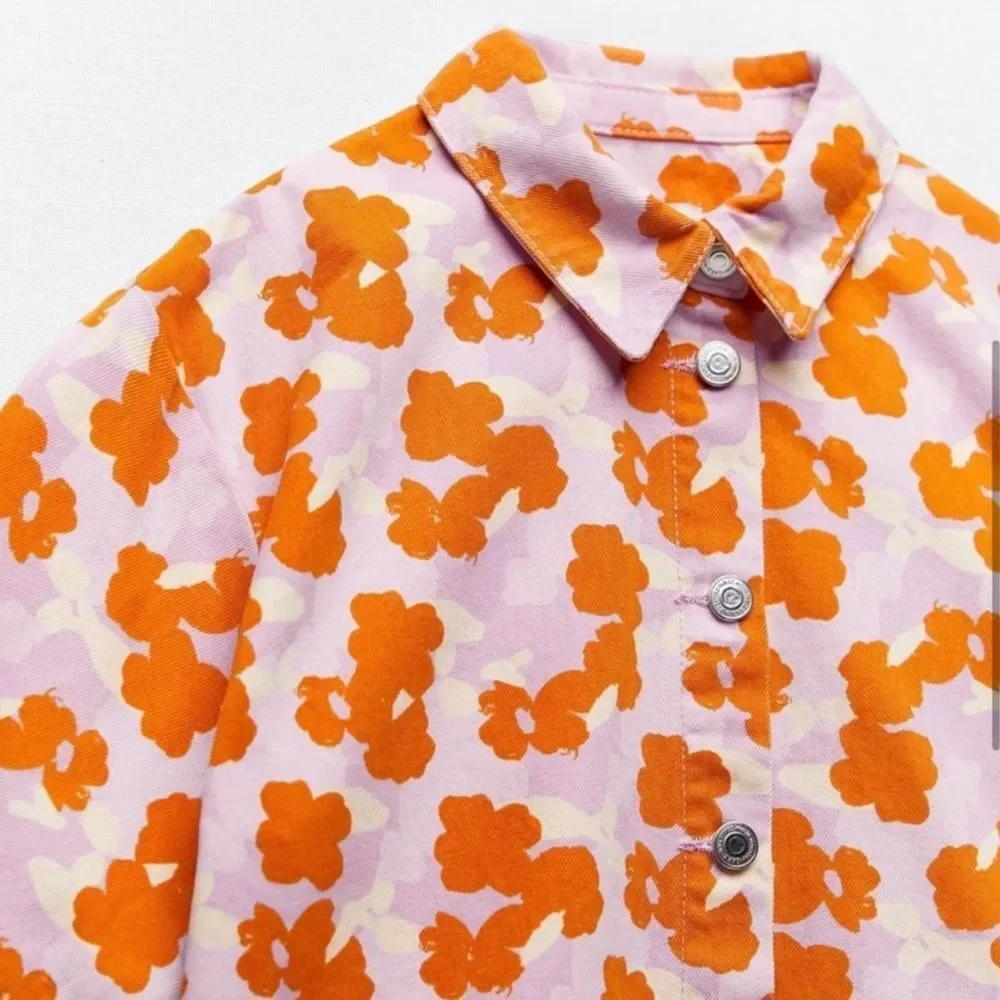 Zara Top Denim Shirt Connie Floral Oversized Button Size XS • BLOGGER FAVORITE •